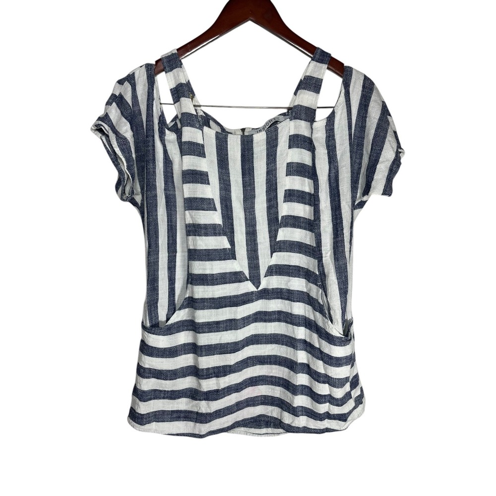 Insight Blouse Women XL Blue White Striped Cold Shoulder Linen Blend Pocket‎